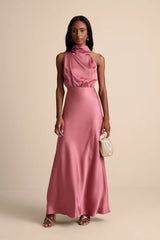 Distinctive Charm Slate Blue Satin Asymmetrical Maxi Dress