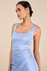 Red Carpet Romance Peach Satin Square Neck Maxi Dress