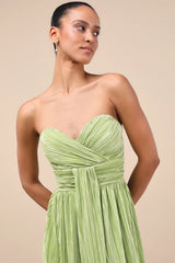 Oswin Navy Satin Plisse Strapless Maxi Dress