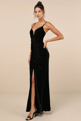 Stunning Invitation Black Velvet Ruched Sleeveless Maxi Dress