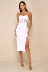 Exquisitely Sultry White Lace Strapless Bustier Midi Dress