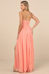 Luxe Favorite Peach Pink Strapless Ruched Maxi Dress