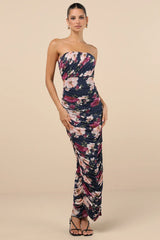 Averie Navy Floral Mesh Strapless Maxi Dress