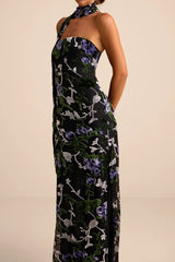 Corelia Blue Floral Velvet Burnout Strapless Sash Maxi Dress