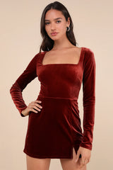 Admirable Aura Rust Velvet Long Sleeve Skort Romper