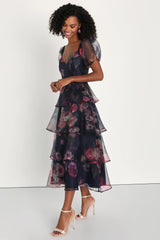 Oh-So Stunning Purple Floral Organza Tiered Midi Dress