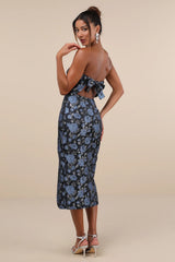 Beloved Belle Black Multi Jacquard Strapless Bow Midi Dress