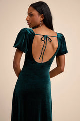 Obrissa Emerald Velvet Puff Sleeve Tie-Back Midi Dress