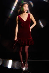 Medina Red Velvet Tiered Drop Waist Mini Dress