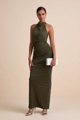 Seraiah Olive Green Knotted Ruched Halter Maxi Dress