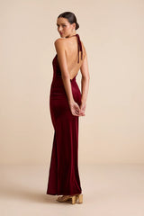 Emelina Wine Red Velvet Halter Maxi Dress
