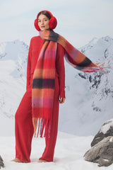 Fayden Berry Red Multi Plaid Oversized Fringe Scarf