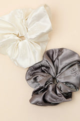 Johana Ivory and Charcoal Satin Floral Scrunchie Set