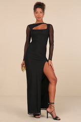 Remarkable Attitude Black Mesh Asymmetrical Cutout Maxi Dress