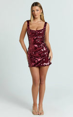 Vivienne Mini Dress - Straight Neck Sequin Dress in Wine