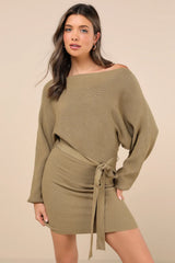 Modern Comfort Olive Green Dolman Sleeve Mini Sweater Dress