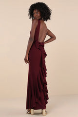Exquisite Refinement Red Backless Bow Ruffled Maxi Dress