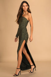 Precious Prize Gold Metallic One-Shoulder Long Sleeve Maxi Dress