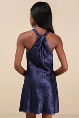 Got the Key Rust Satin Floral Jacquard Halter Mini Dress
