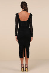 Dramatic Demure Black Mesh Halter Bustier Midi Dress