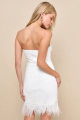 Vivacious Moment Ivory Lace Bustier Strapless Feather Mini Dress