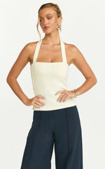 Julie Top - Tie Halter Button Detail Top in Ivory