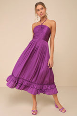 Pleasing Chicness Purple Satin Halter Tiered Midi Dress