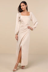 Eternal Heart Champagne Satin Long Sleeve Maxi Dress