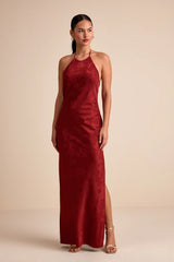 Ayura Rust Red Satin Jacquard Tie-Back Halter Maxi Dress