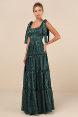 Picturesque Allure Green Jacquard Tie-Strap Maxi Dress