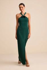 Bisian Green Velvet Bow Backless Apron Maxi Dress