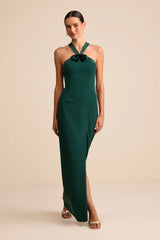 Bisian Green Velvet Bow Backless Apron Maxi Dress