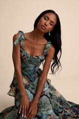 Playfully Posh Blush Floral Organza Tie-Strap Tiered Midi Dress