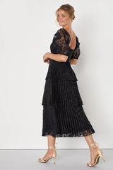 Posh Delight Black Floral Jacquard Pleated Midi Dress