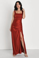 Red Carpet Romance Peach Satin Square Neck Maxi Dress