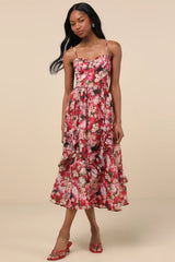 Maisley Red Multi Floral Bustier Ruffled Midi Dress
