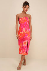 Bold Tendencies Fuchsia Floral Strapless Cutout Midi Dress