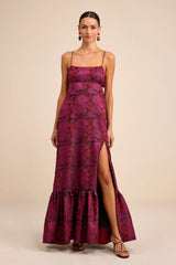 Jasiel Burgundy Jacquard Lace-Up Tiered Maxi Dress