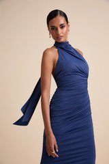 Seraiah Olive Green Knotted Ruched Halter Maxi Dress
