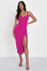 Fabulous Desires Magenta Scalloped Bodycon Midi Dress