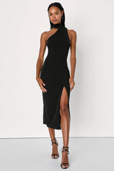 Keep It Interesting Red Asymmetrical Cutout Halter Midi Dress