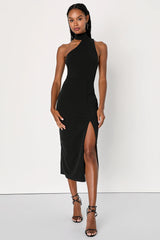 Keep It Interesting Red Asymmetrical Cutout Halter Midi Dress