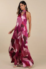 Prime Poise Green and Blue Abstract Satin Halter Maxi Dress
