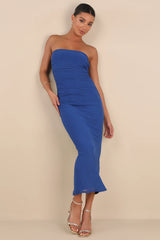 Late Night Crush Royal Blue Mesh Ruched Strapless Midi Dress