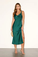 Alexandra Emerald Satin Cowl Neck Midi Dress