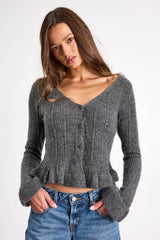 Midge Pink Ribbed Knit Ruffled Cardigan