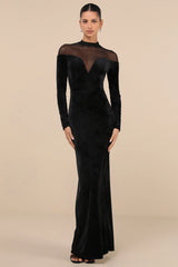 Exemplary Allure Black Velvet Mock Neck Long Sleeve Maxi Dress
