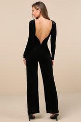 Instant Stunner Black Velvet Backless Jumpsuit