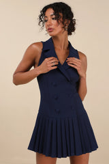 Posh Vision Navy Sleeveless Blazer Pleated Mini Dress