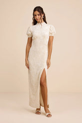 Cadison Cream Textured Puff Sleeve Column Maxi Dress